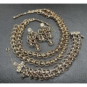 Vintage Rhinestone Interlocking Circle Bracelet Earrings Necklace Set Parure